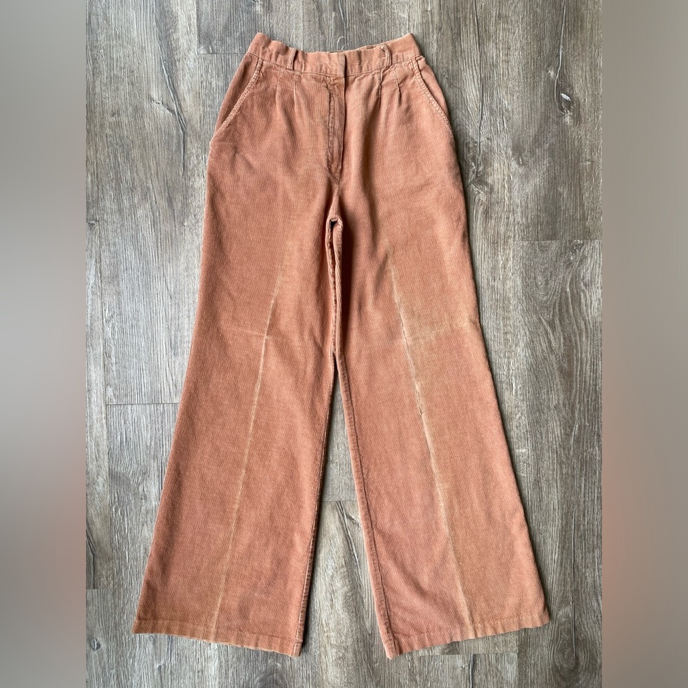 Vintage 70s 80s XS S 24 25 Tan Corduroy Wide Leg Belted Bell Bottoms Pleated